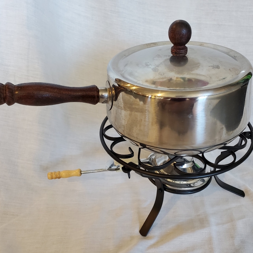 1970s stainless steel fondue pot with metal base